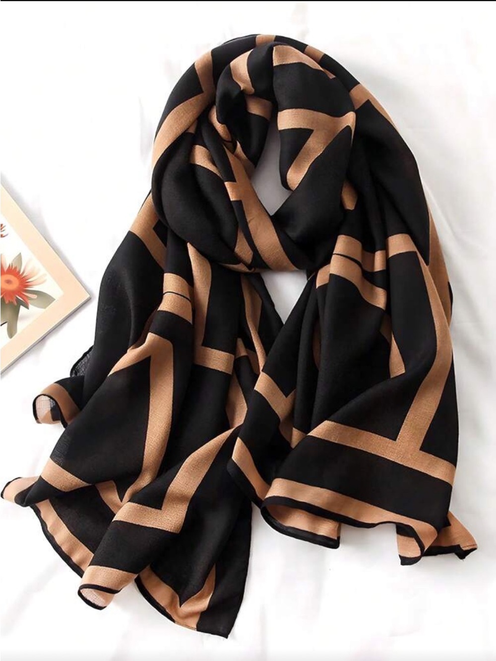 Black & Tan Geometric Pattern Women's Scarf